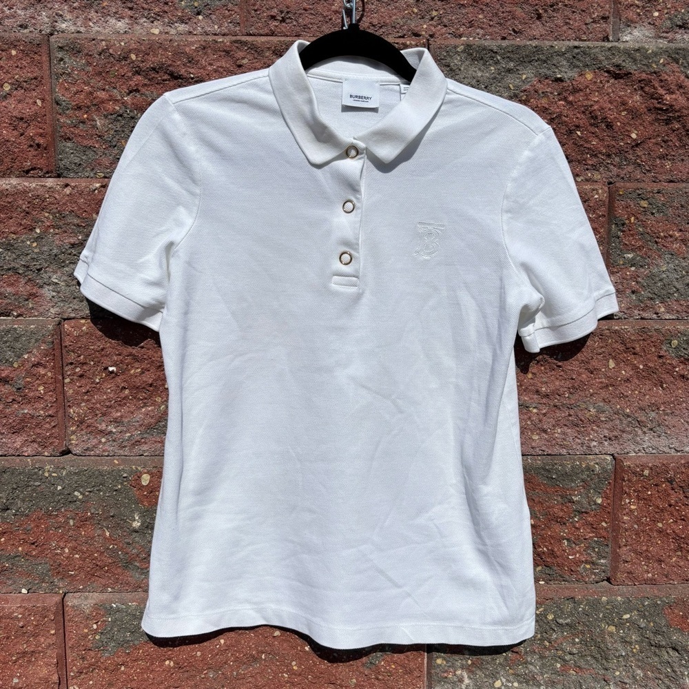 Burberry Shirt Womens Small Polo White Cotton Gold Buttons TB Monogram Classic